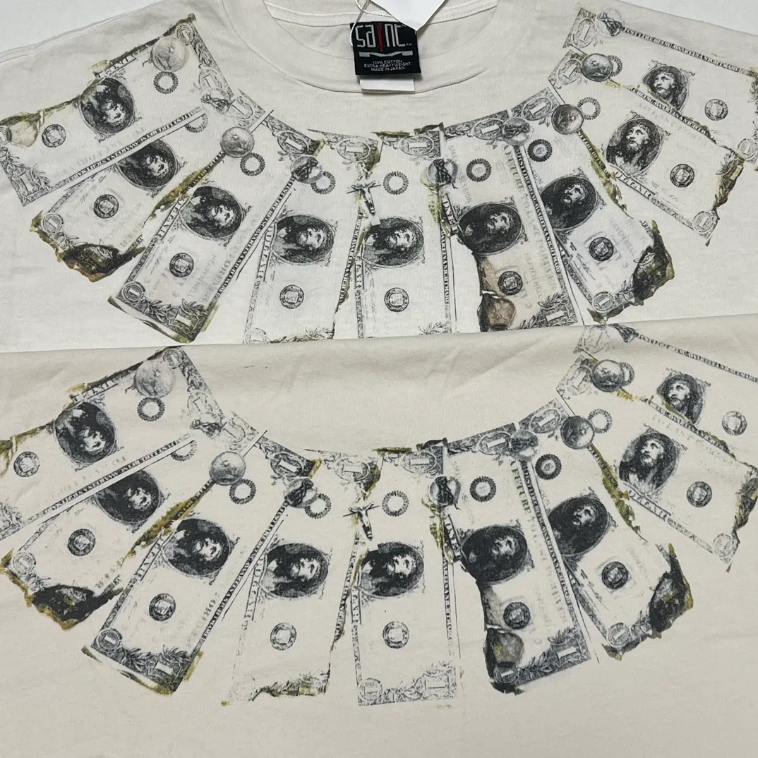 Proofing VS ZP SAINT Mxxxxxx MONEY TEE/WHT US Dollar Necklace Retro Short Sleeves Off-White S-XL Ready-made Garments Washed and Distressed Authentic Grade Printing Level Correct Accessories/With Little Angel Label